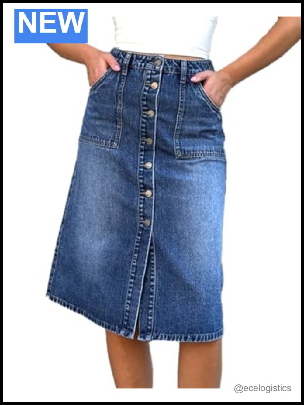 High Waist Stretch Midi Denim Skirt with Pockets